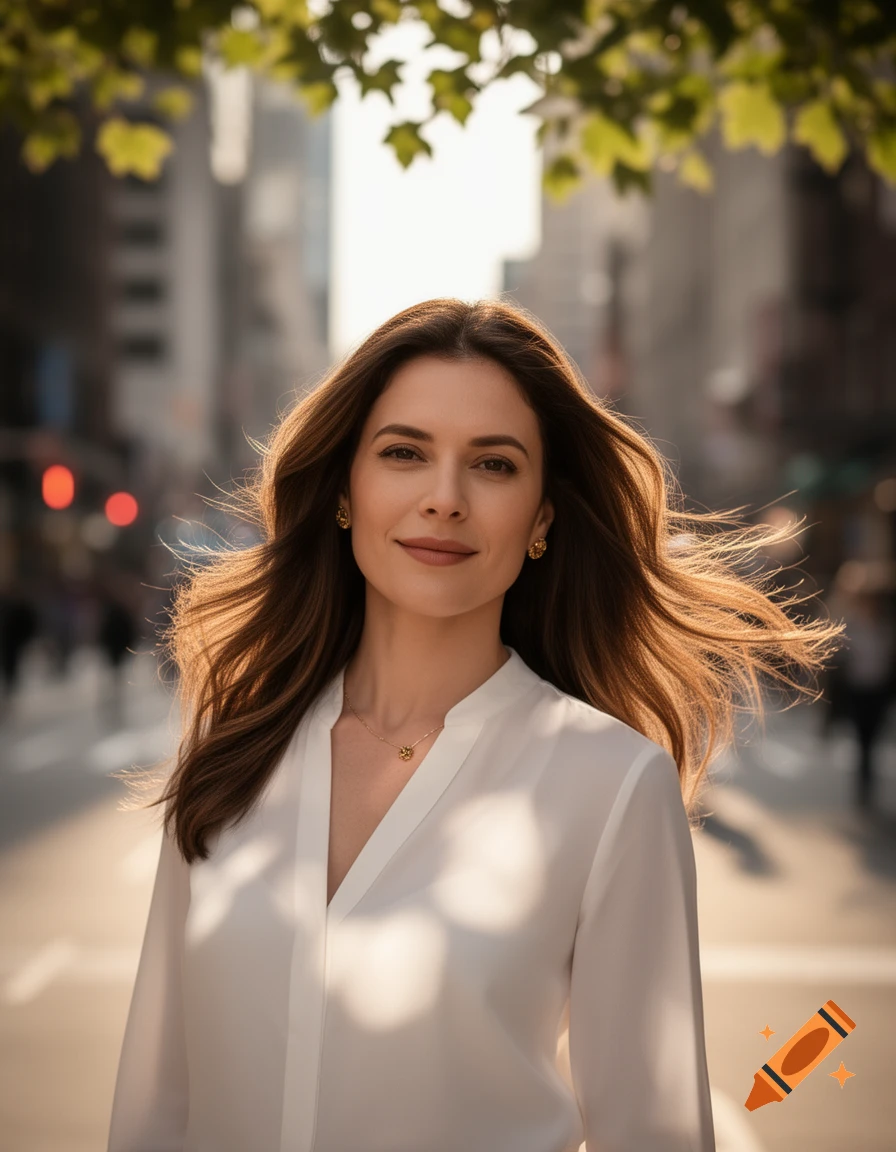 A photorealistic portrait of a woman with long brown hair, wearing a white shirt, standing on a city street with sunlight.