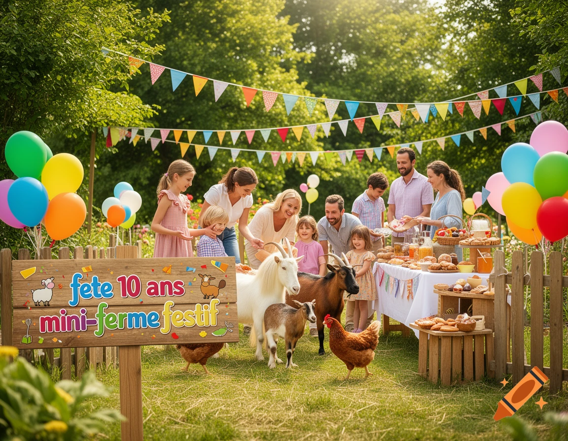 A cheerful family celebration with children and farm animals in a sunny garden, featuring a food table, balloons, and a sign.
