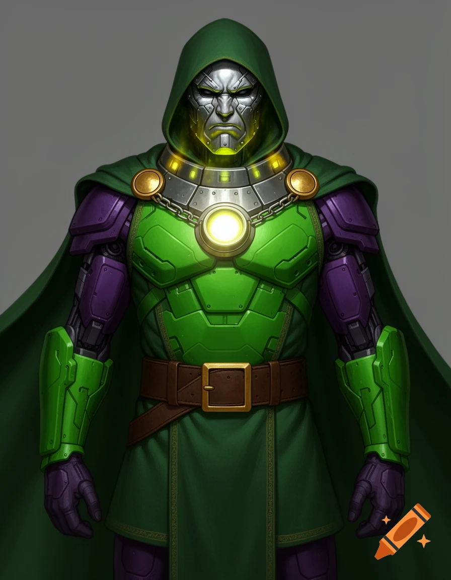 A full-body illustration of a supervillain in green and purple armor, a metallic scowling mask, green hood and cape, and a glowing chest core.