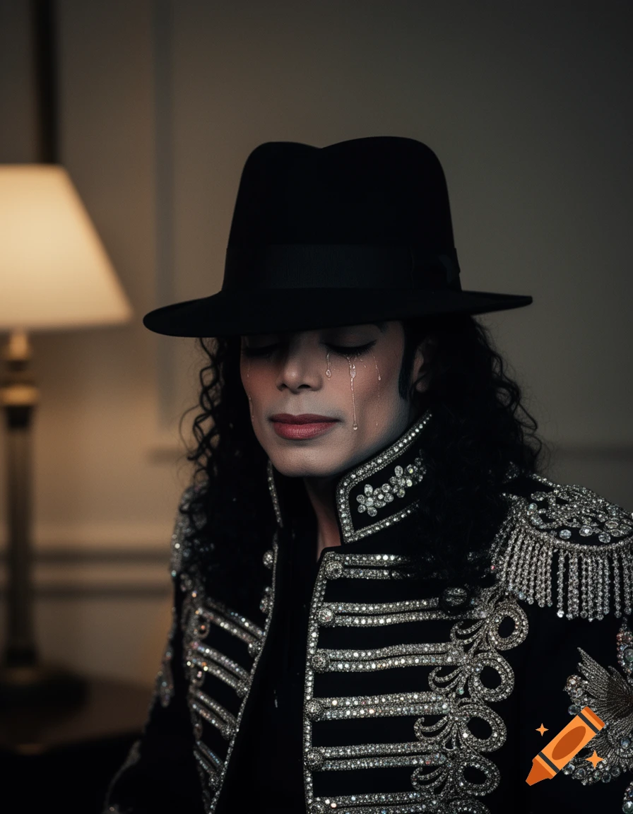 Photorealistic portrait of Michael Jackson in a black fedora and ornate military jacket, looking down with tears on his face.