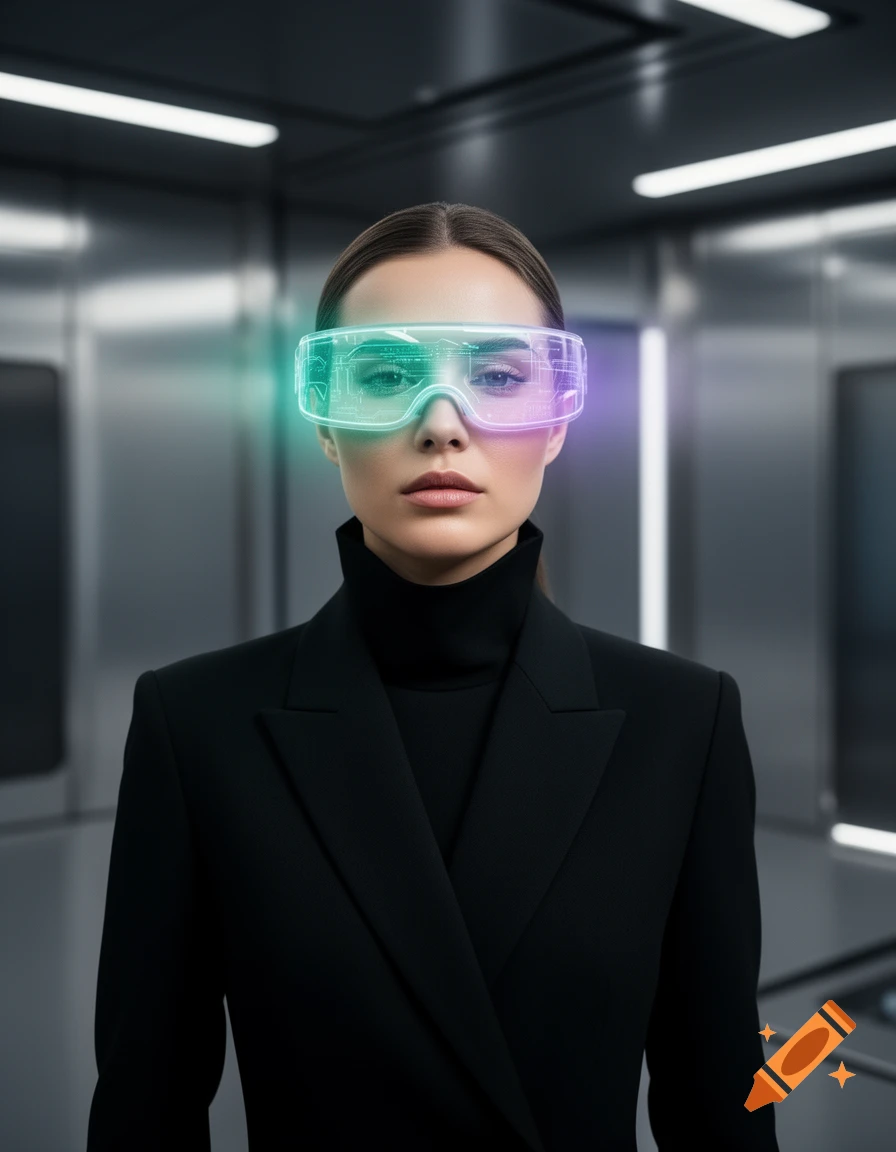 A woman in a black suit and turtleneck wearing glowing futuristic glasses in a sleek, modern setting.