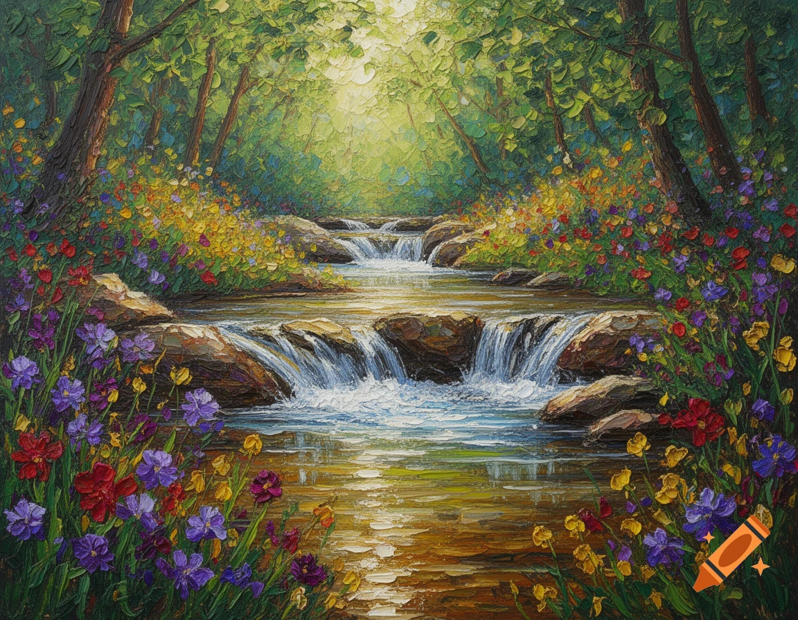 Impressionistic oil painting of a forest stream with small waterfalls, surrounded by colorful wildflowers under dappled sunlight.