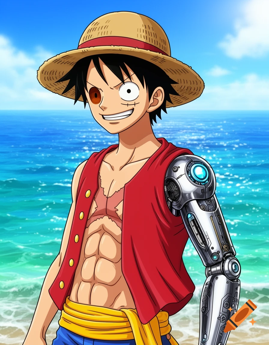 Anime depiction of Monkey D. Luffy with a metallic cyborg arm and eye, smiling on a sunny beach.