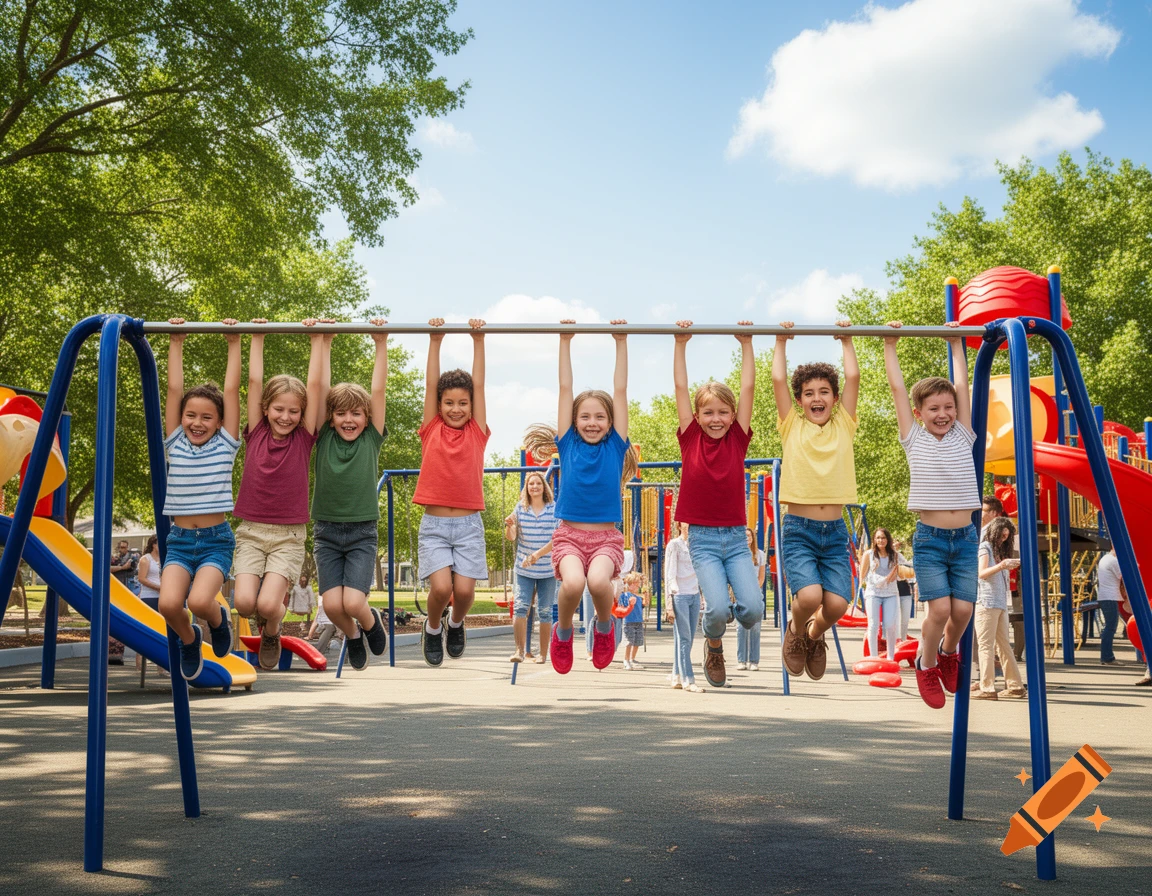 Seven happy children hang from monkey bars on a sunny playground.