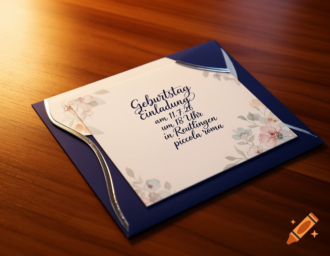 Close-up of a blue and white birthday invitation card with floral patterns, resting on a wooden table.