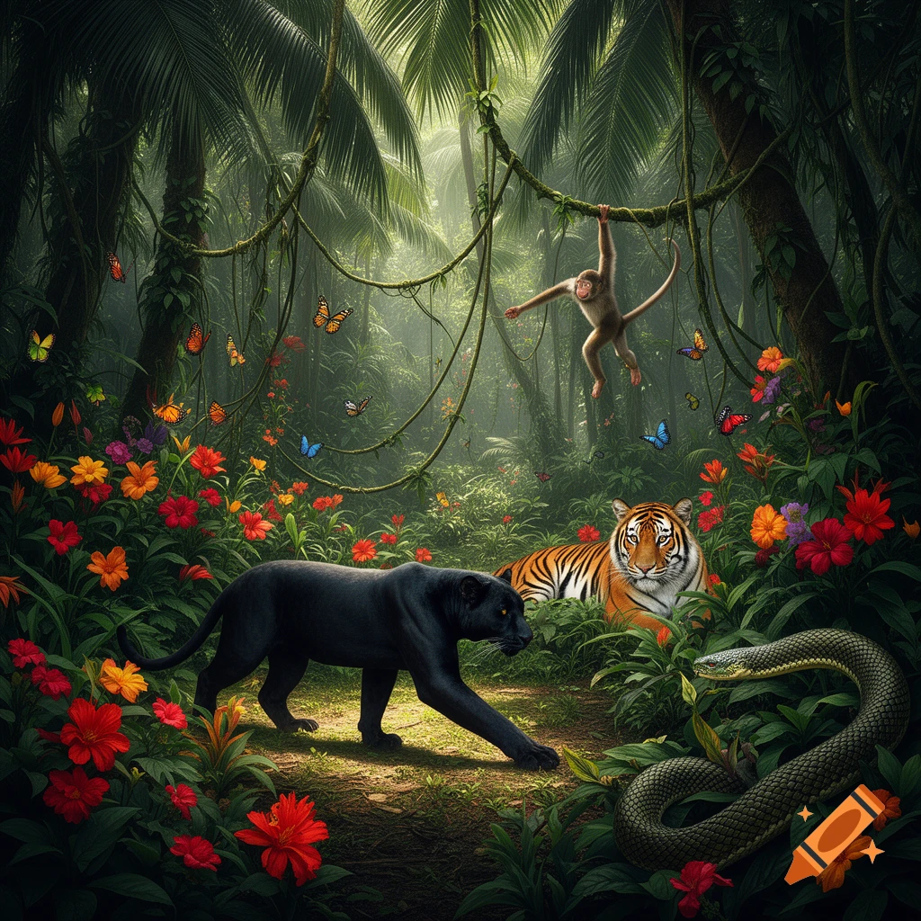 A vibrant jungle scene with a black panther, tiger, monkey swinging on a vine, and a snake among lush palm trees, colorful flowers, and butterflies.