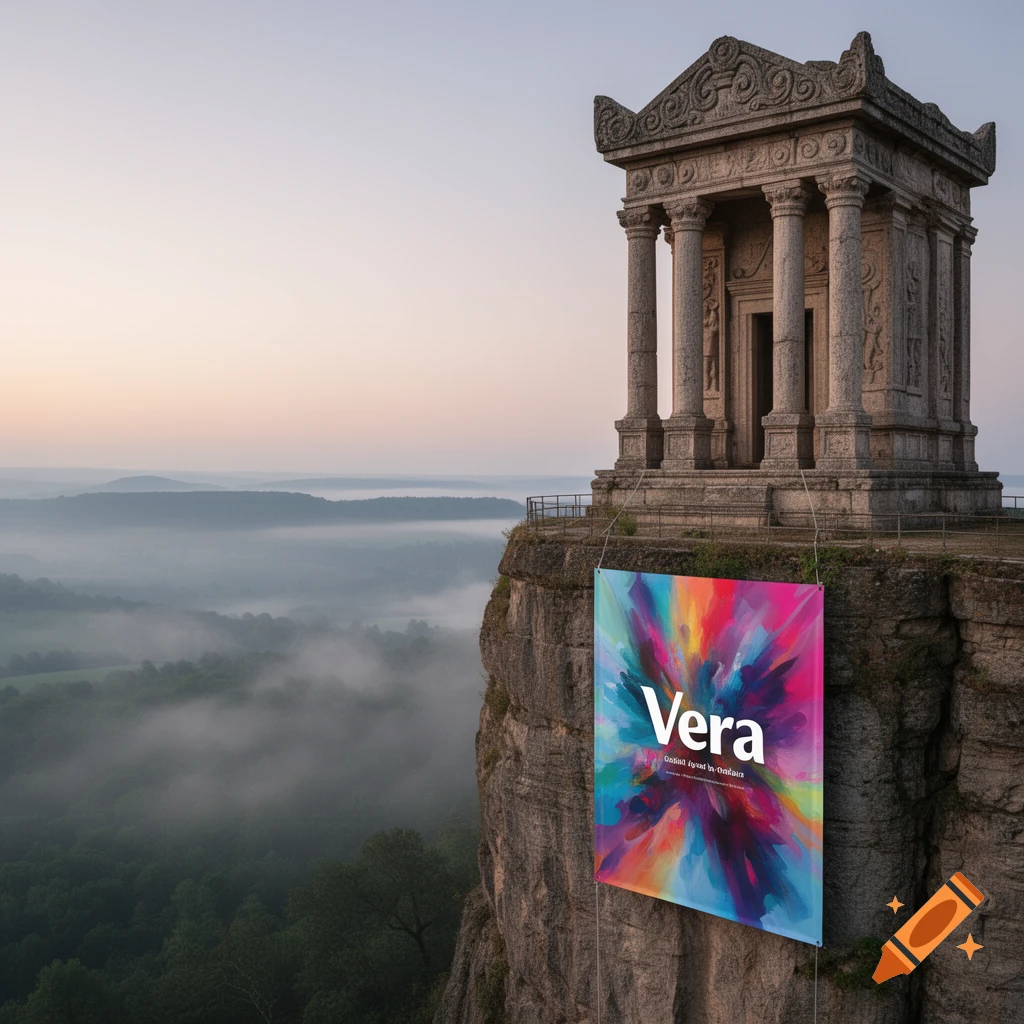 A stone temple stands on a cliff edge overlooking a foggy valley, with a vibrant 'Vera' banner hanging below, photorealistic style.