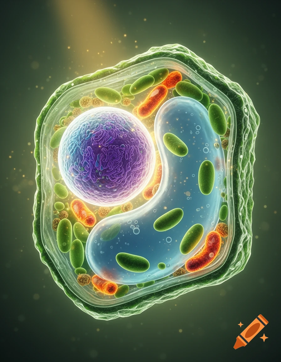Close-up microscopic view of a vibrant, detailed plant cell with a prominent purple nucleus, blue vacuole, and numerous green and orange organelles against a dark green background with light particles.