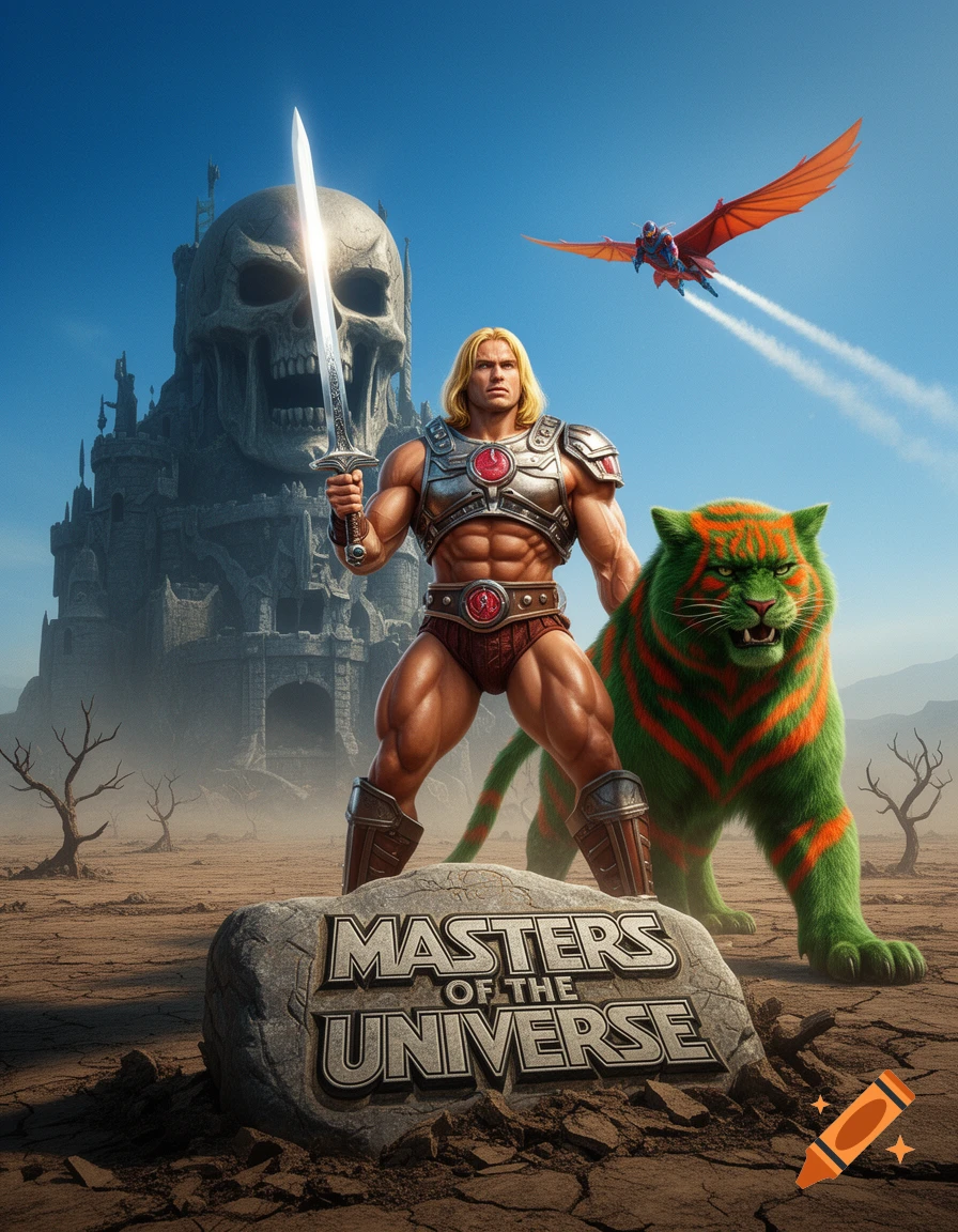 He-Man, in armor and loincloth, stands with a glowing sword next to Battle Cat in a desert, with Castle Grayskull and Stratos flying. "MASTERS OF THE UNIVERSE" is on a rock.