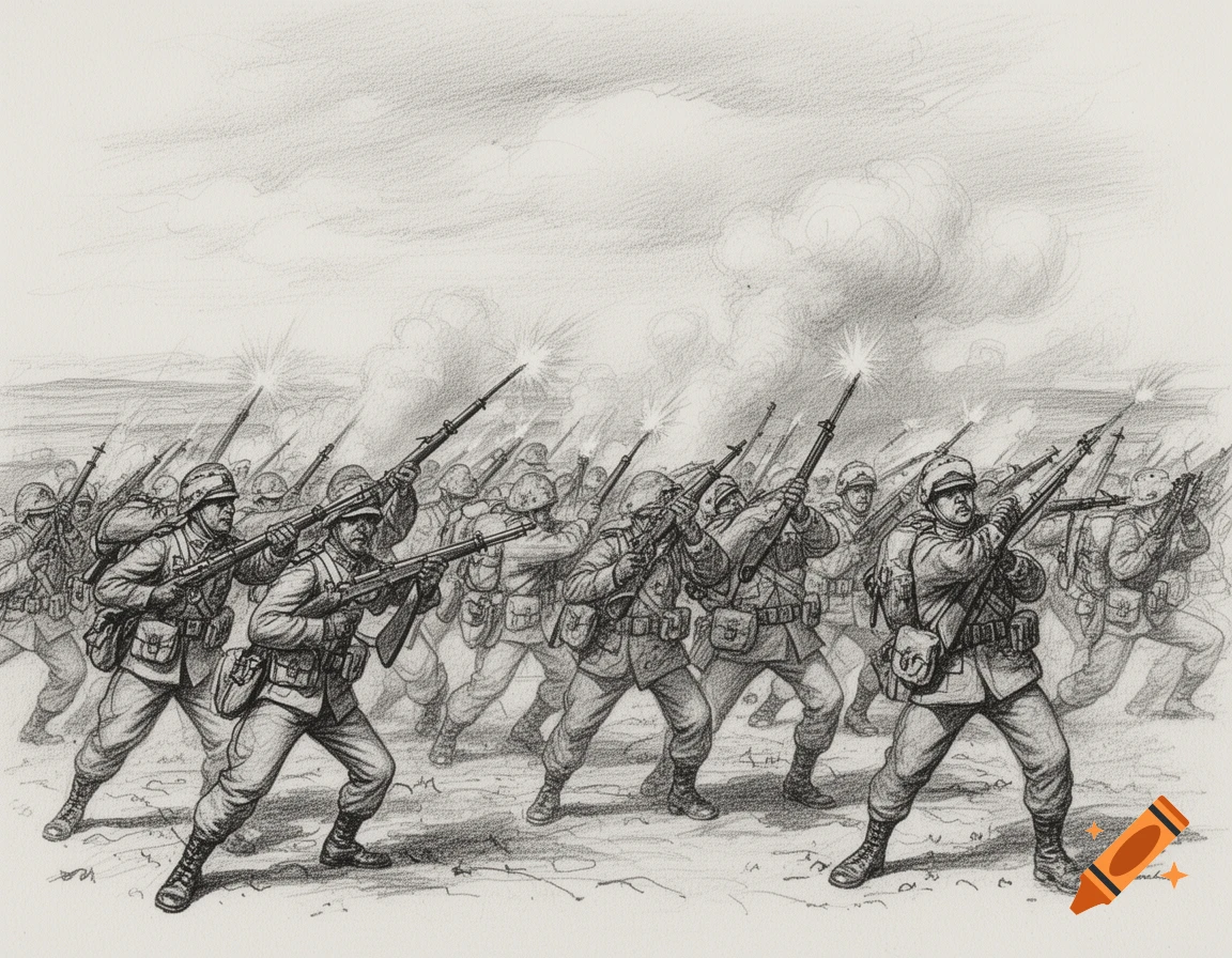 A pencil sketch depicts a line of soldiers in uniform advancing and firing rifles amidst muzzle flashes and smoke.