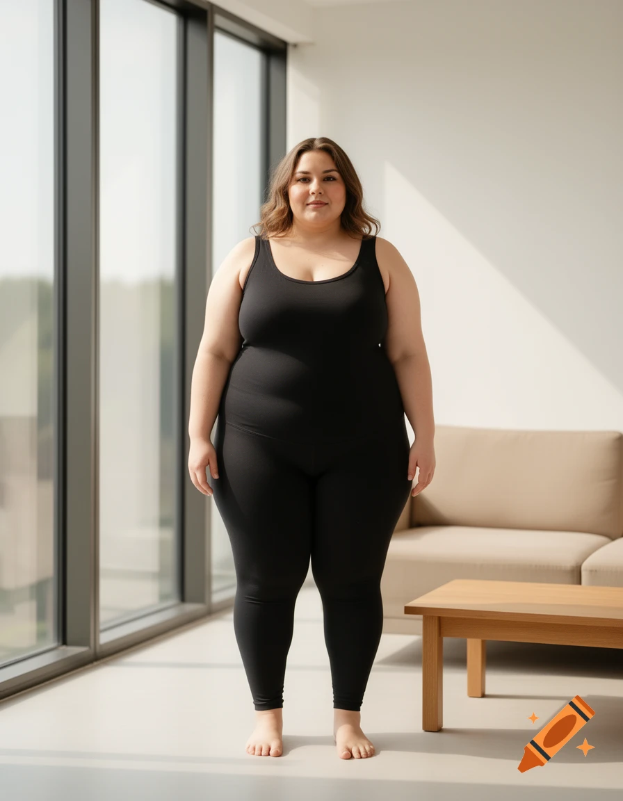 Photorealistic portrait of a plus-size woman in black activewear standing in a bright modern living room with large windows.