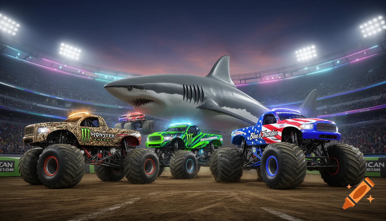 Four monster trucks on a dirt track in a stadium at sunset. A large great white shark floats above the green truck in the center.