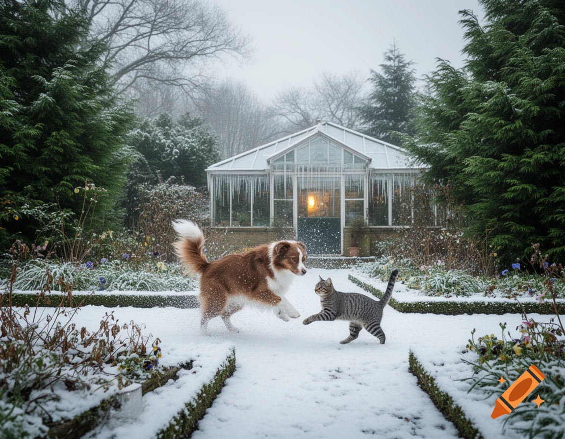 A brown and white dog and a tabby cat play in a snowy garden in front of a greenhouse with icicles, photorealistic.