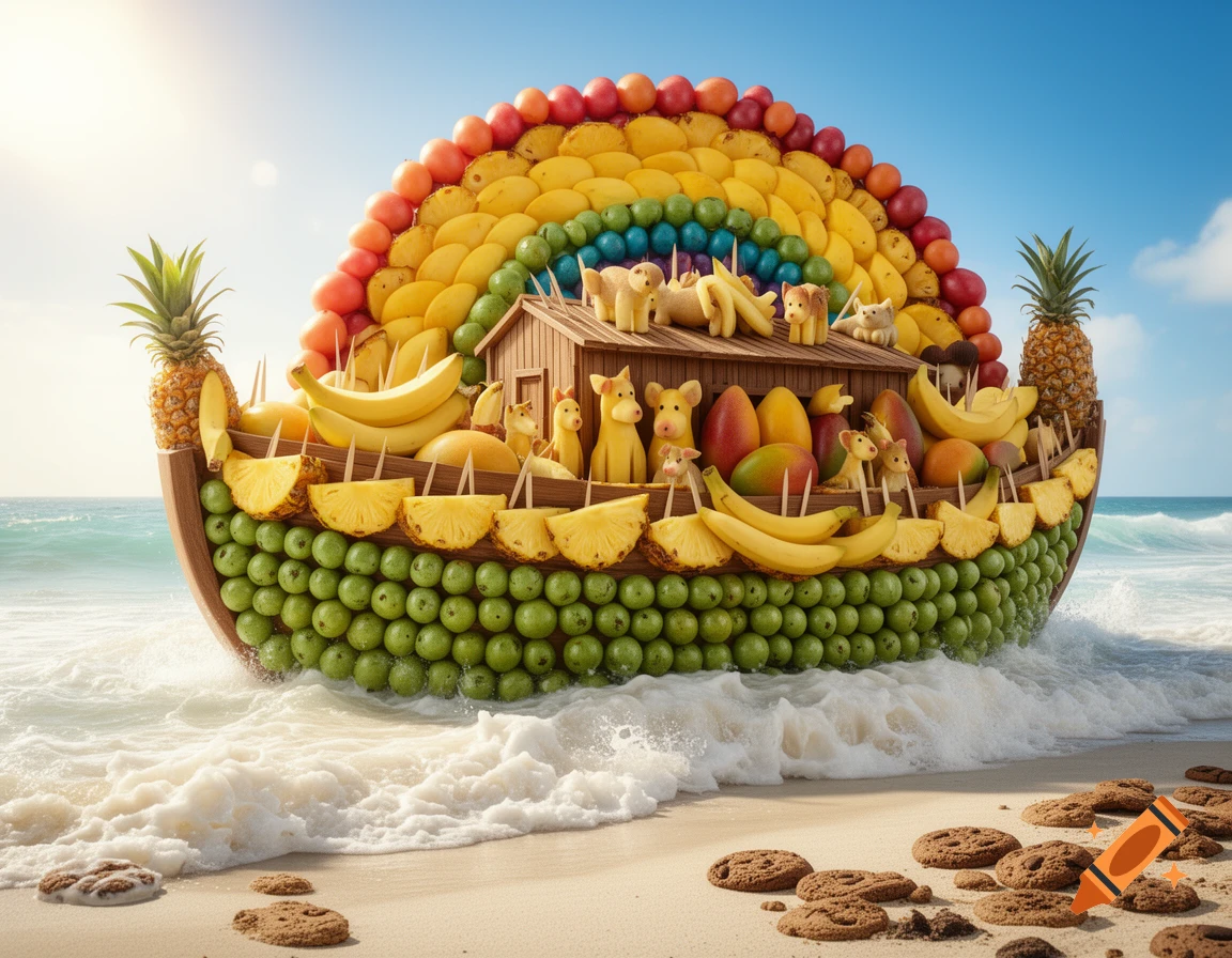 A photorealistic Noah's Ark made of vibrant fruits, including a rainbow arch and small fruit animals, on a sandy beach with cookies and ocean waves.