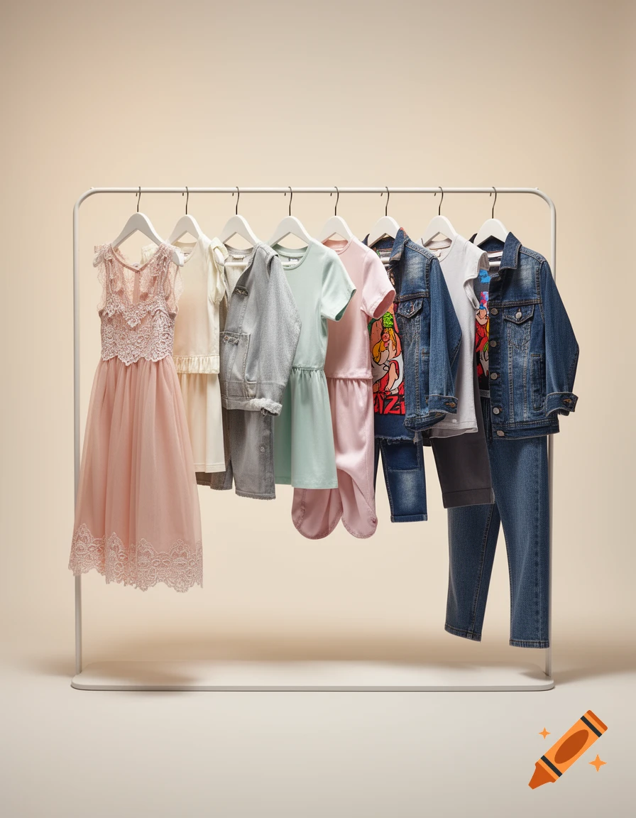 A white clothing rack displays various children's outfits, including a pink lace dress, light green set, pink set, and blue denim jackets with jeans and graphic t-shirts.