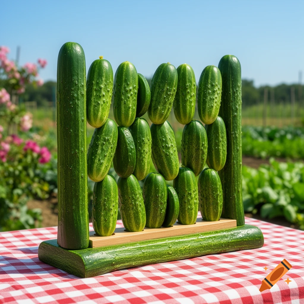 Photorealistic image of cucumbers arranged like a game of Connect Four on a wooden frame, set on a red and white checkered tablecloth outdoors with a garden background.