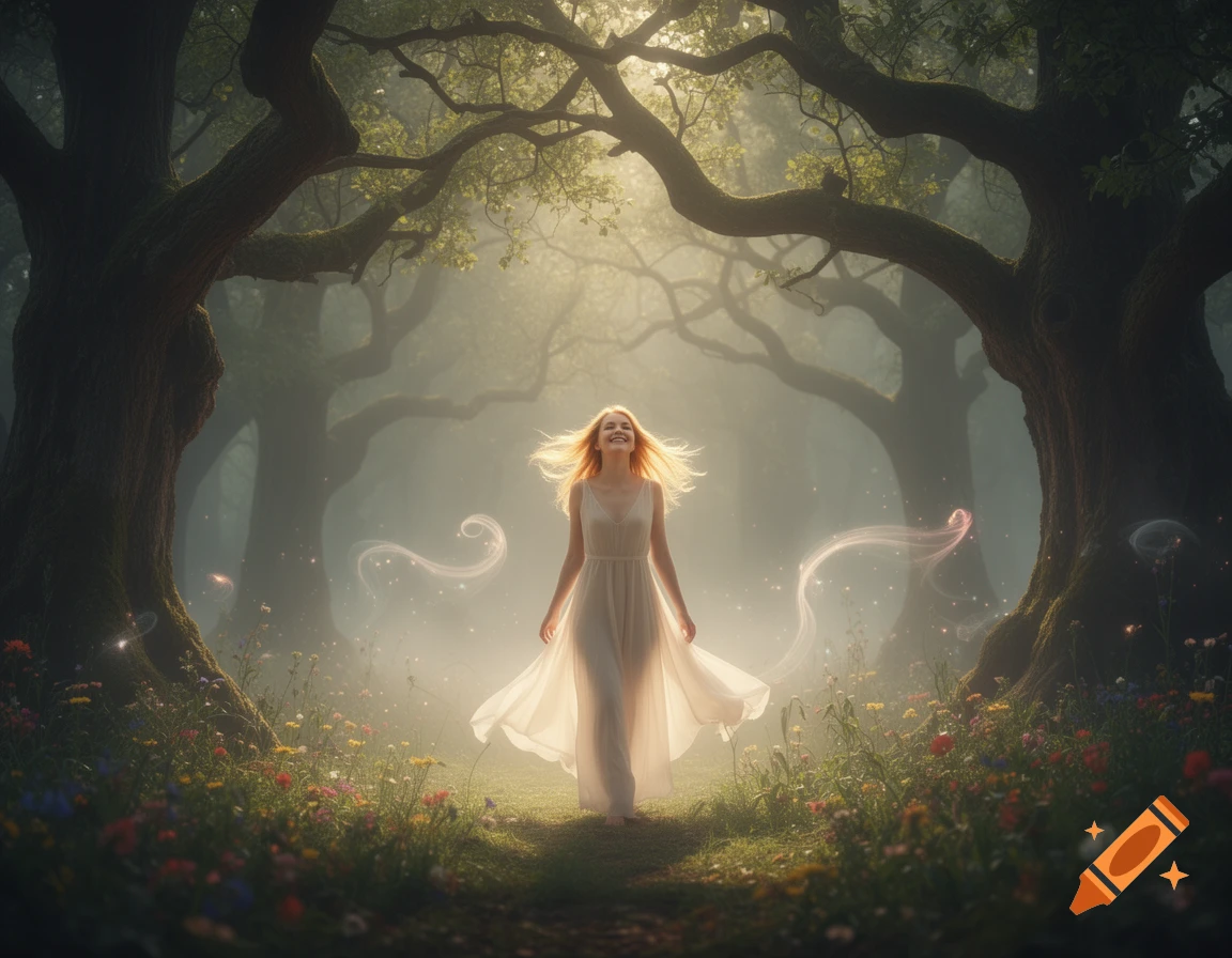 A happy woman in a white dress walks through a misty, sunlit forest path with glowing ethereal elements and wildflowers.