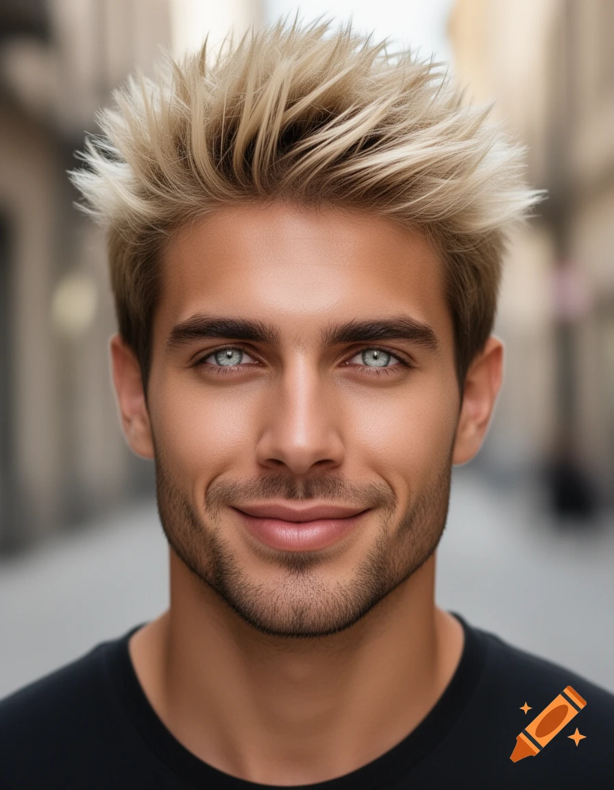 Photorealistic portrait of a smiling man with spiky blonde hair, striking light blue eyes, and light stubble.