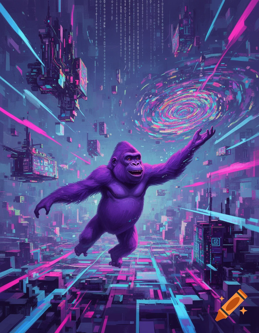A vibrant purple gorilla floats with outstretched arms in a neon-lit, glitchy digital landscape with falling binary code.