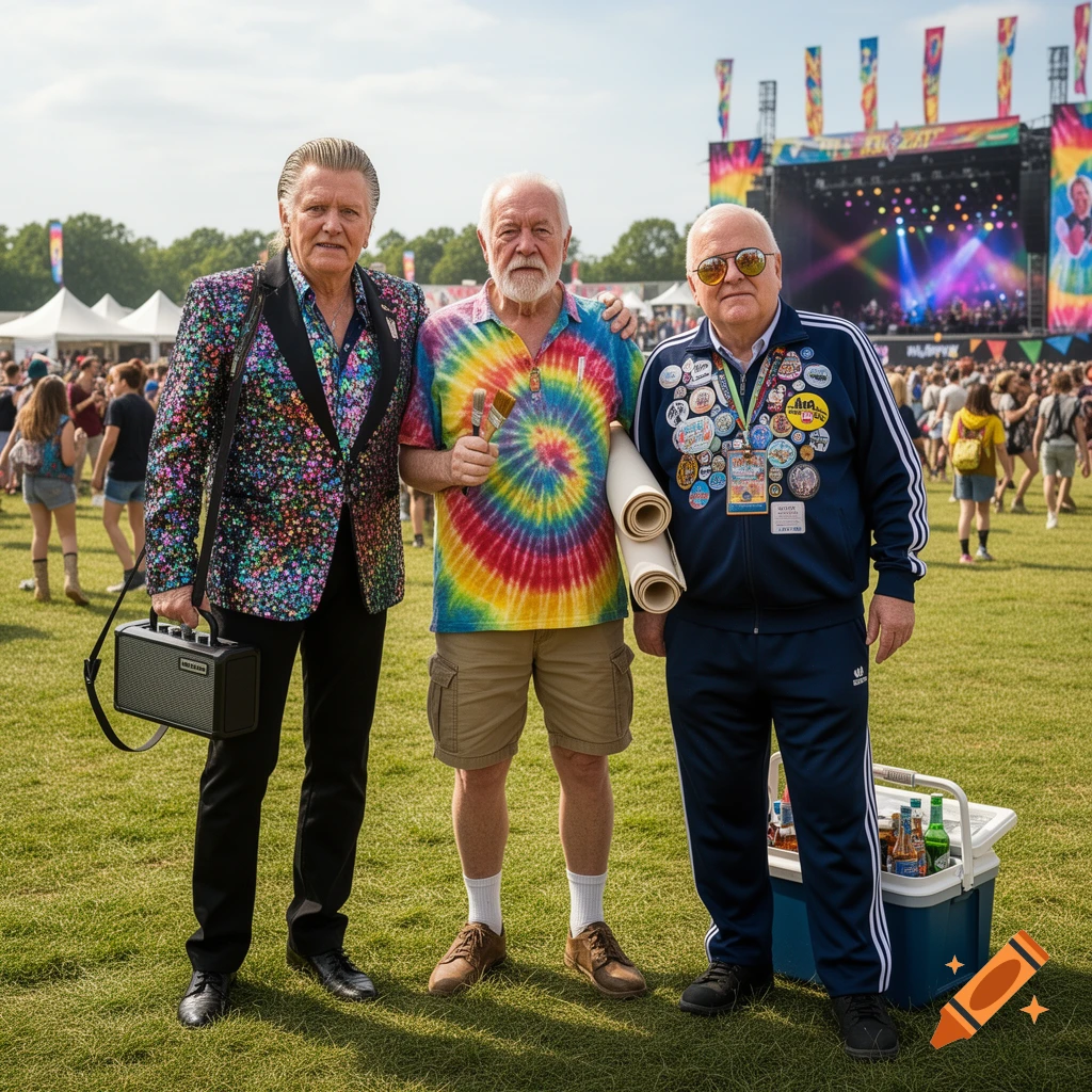 Three men in eccentric outfits stand at a sunny outdoor music festival. One wears a sequined jacket, another a tie-dye shirt, and the third a track suit covered in badges.