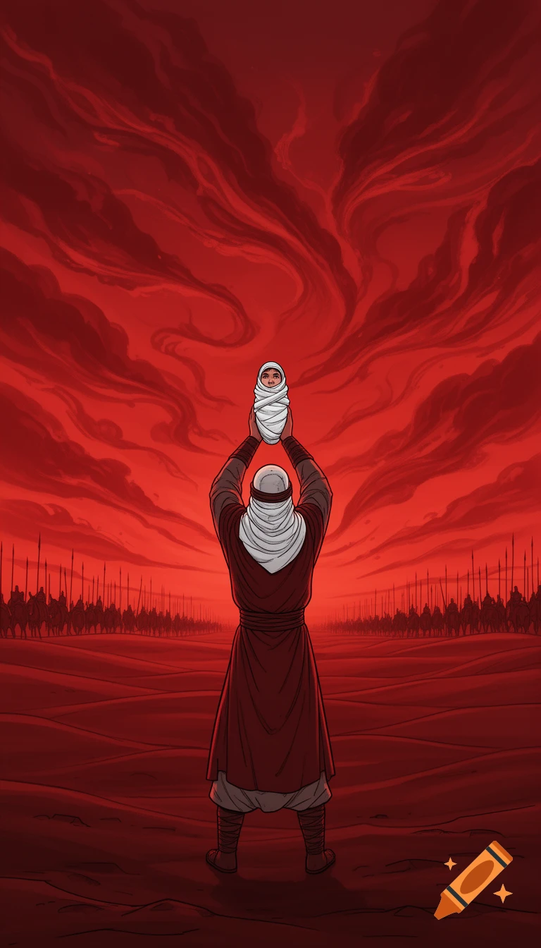 Stylized 2D painting of a holy warrior holding a swaddled baby against a vast red sky with a silhouetted army on the horizon.