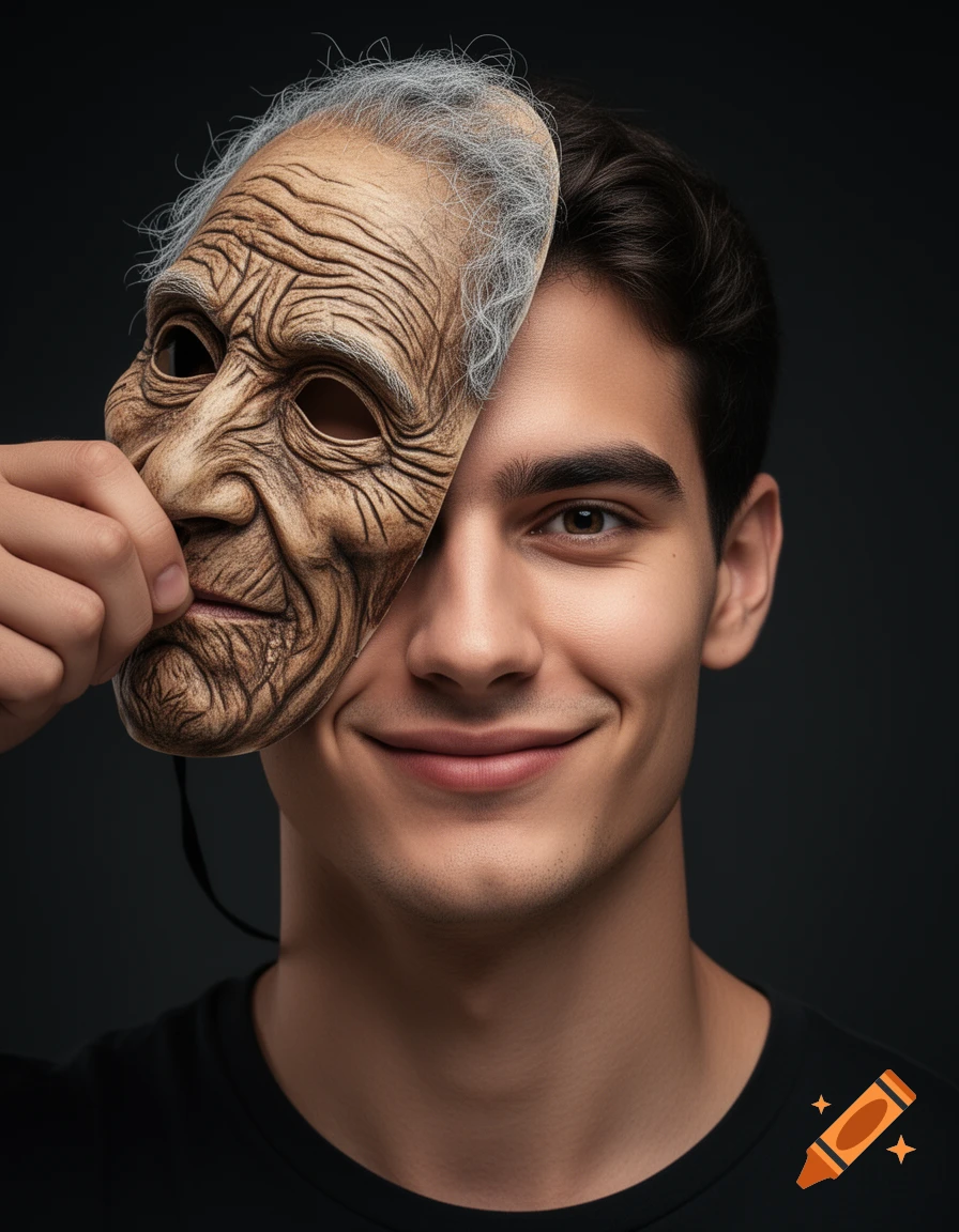 A smiling young man pulls an old man's wrinkled mask off his face, revealing his youth. Photorealistic style.