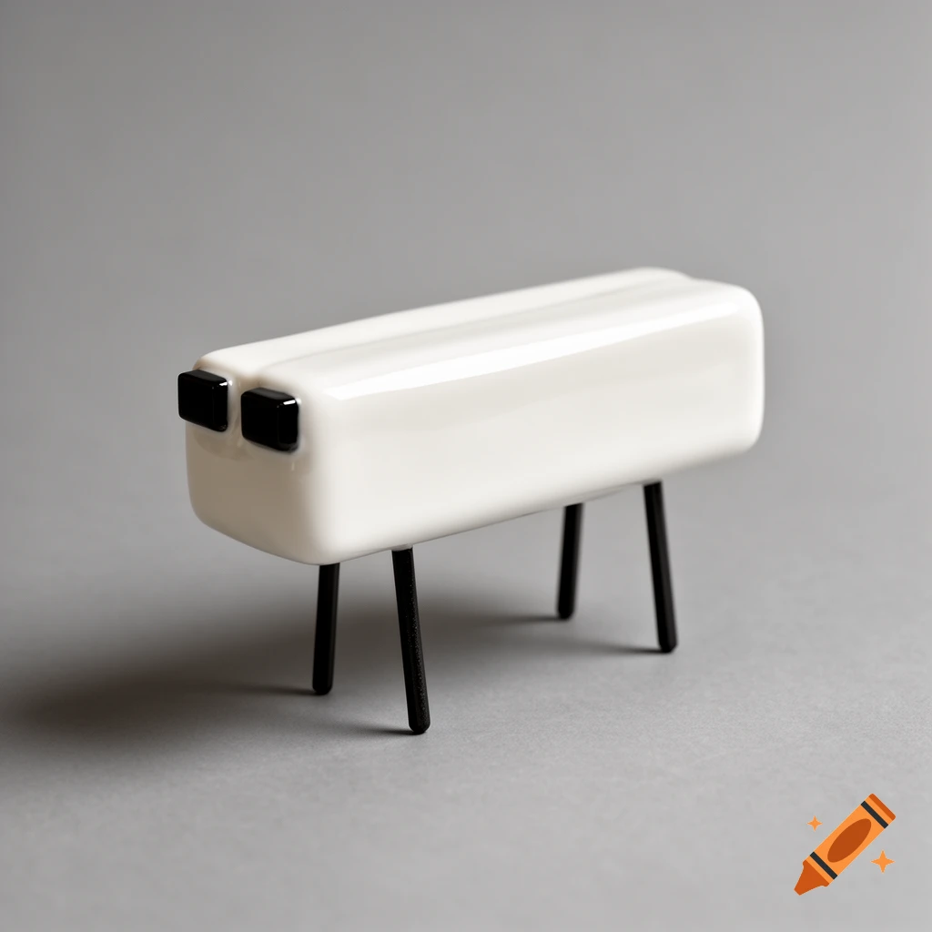 A minimalist white rectangular object with rounded edges, two black square eyes, and four thin black stick legs, standing on a grey surface.