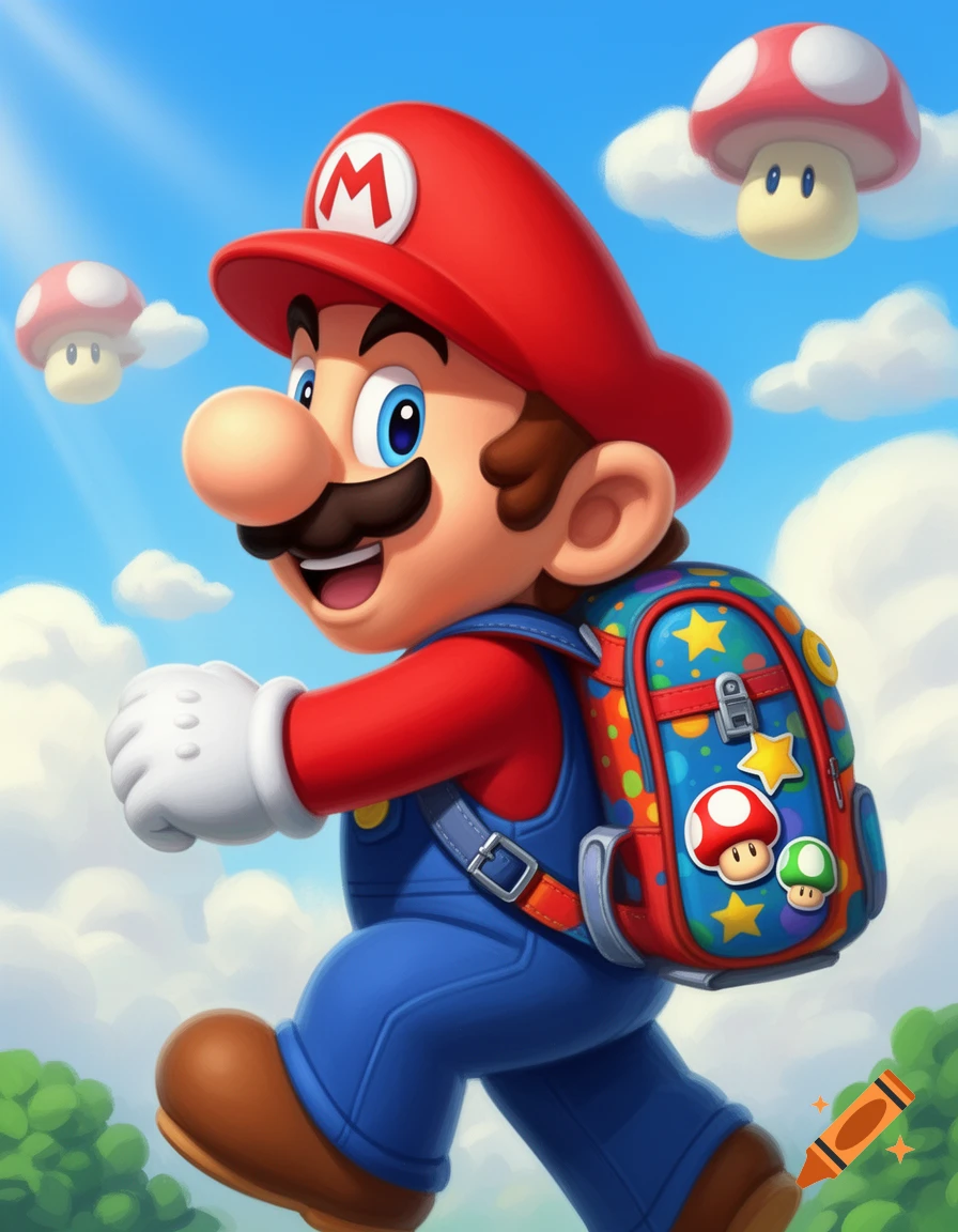 Super Mario walks cheerfully, wearing a red hat and a colorful backpack, under a blue sky with flying mushrooms.