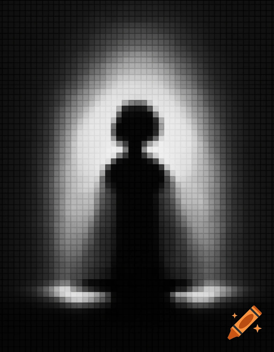 A black and white pixelated silhouette of a person standing in a bright spotlight.