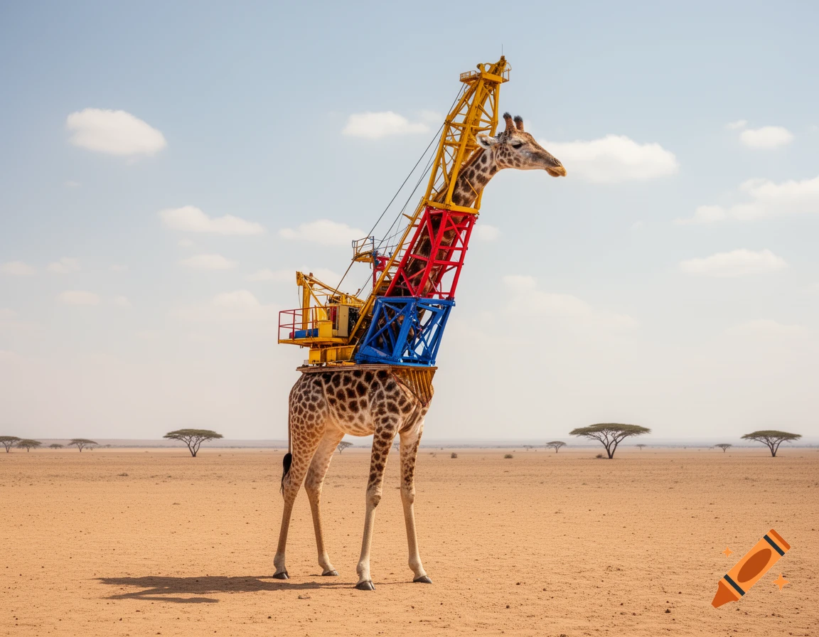 A giraffe with a yellow, red, and blue construction crane as its neck stands on an arid plain with scattered trees.