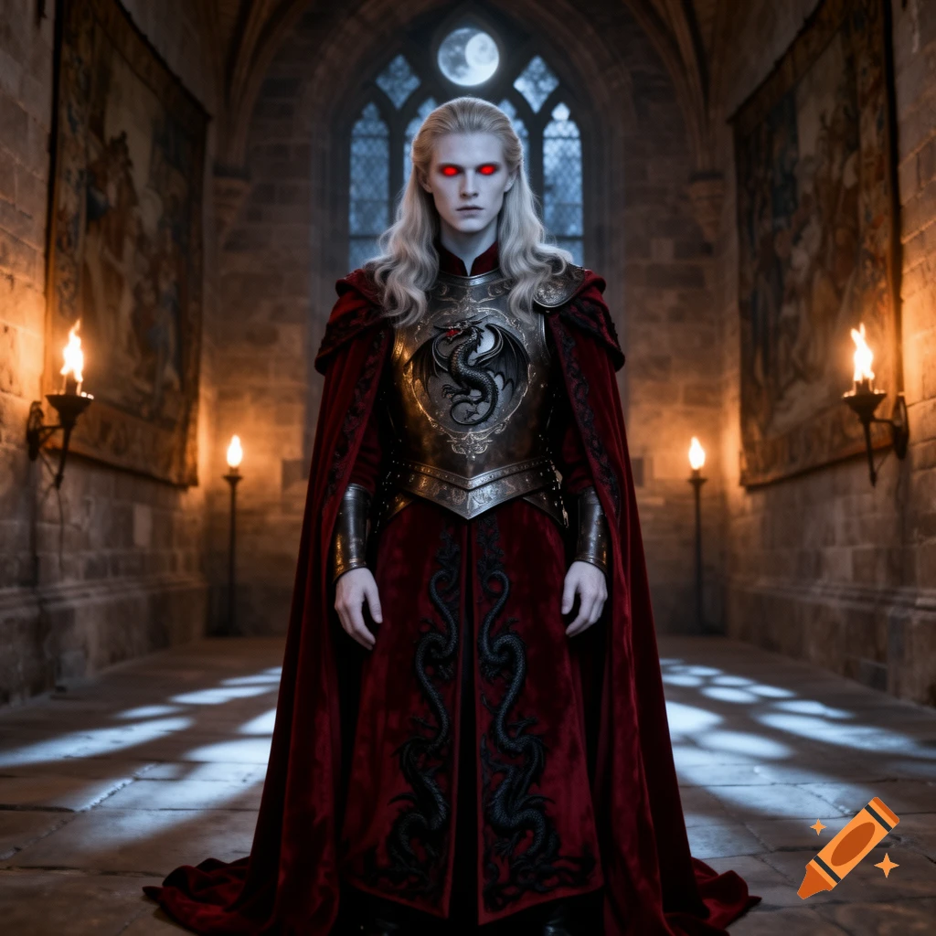 A pale, long-haired vampire in red robes and dragon armor stands in a torchlit gothic hall with a moonlit window.