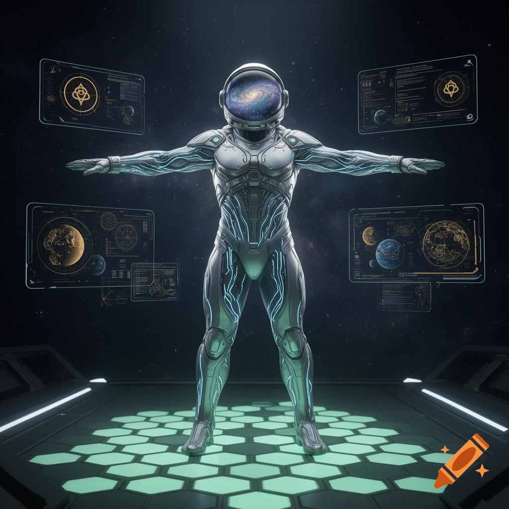 A futuristic astronaut in a white and blue suit stands in a T-pose on a hexagonal platform, surrounded by holographic data screens in space.