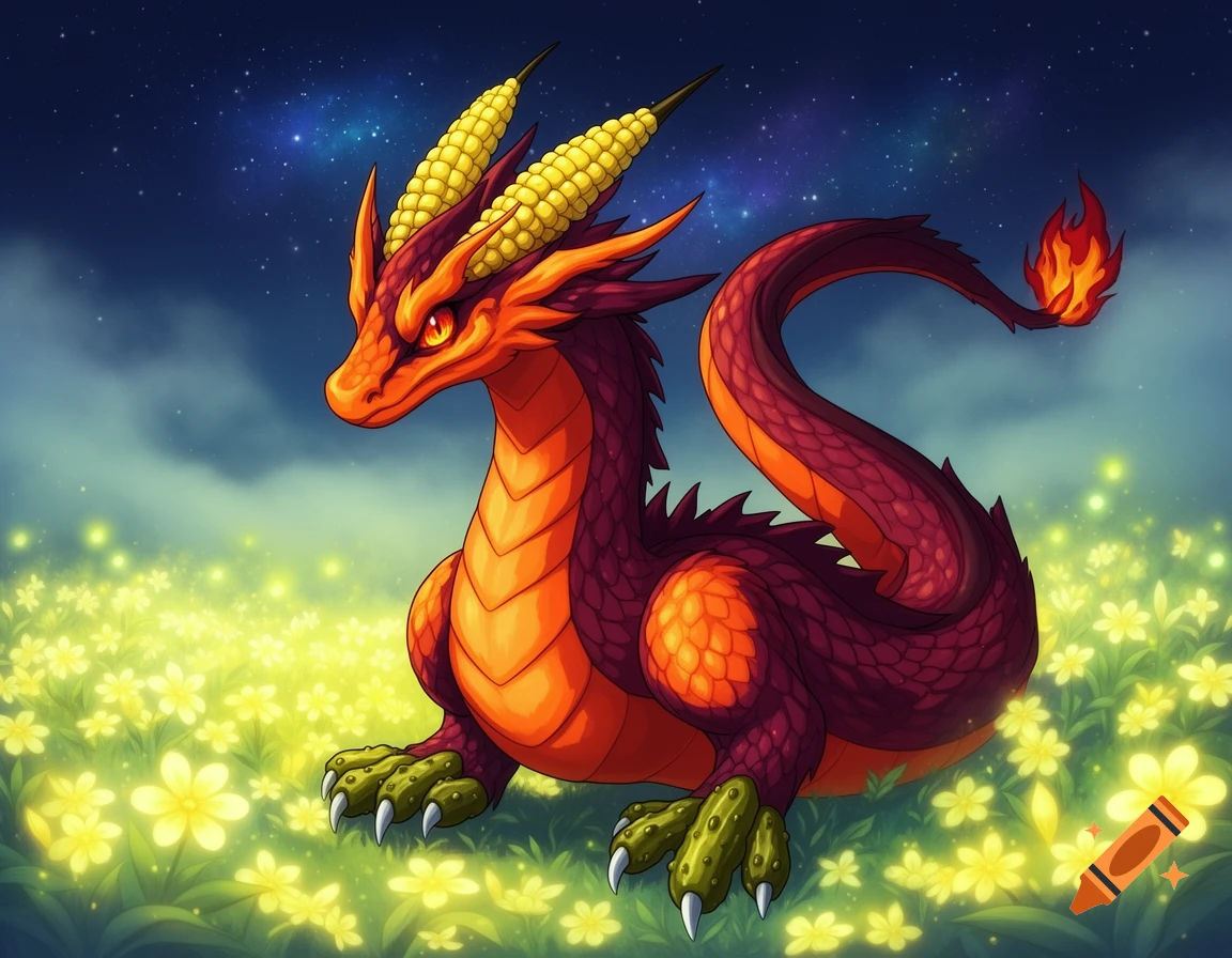 A cartoonish dragon with corn horns, pickle claws, and a fiery tail sits in a field of glowing yellow flowers under a starry night.