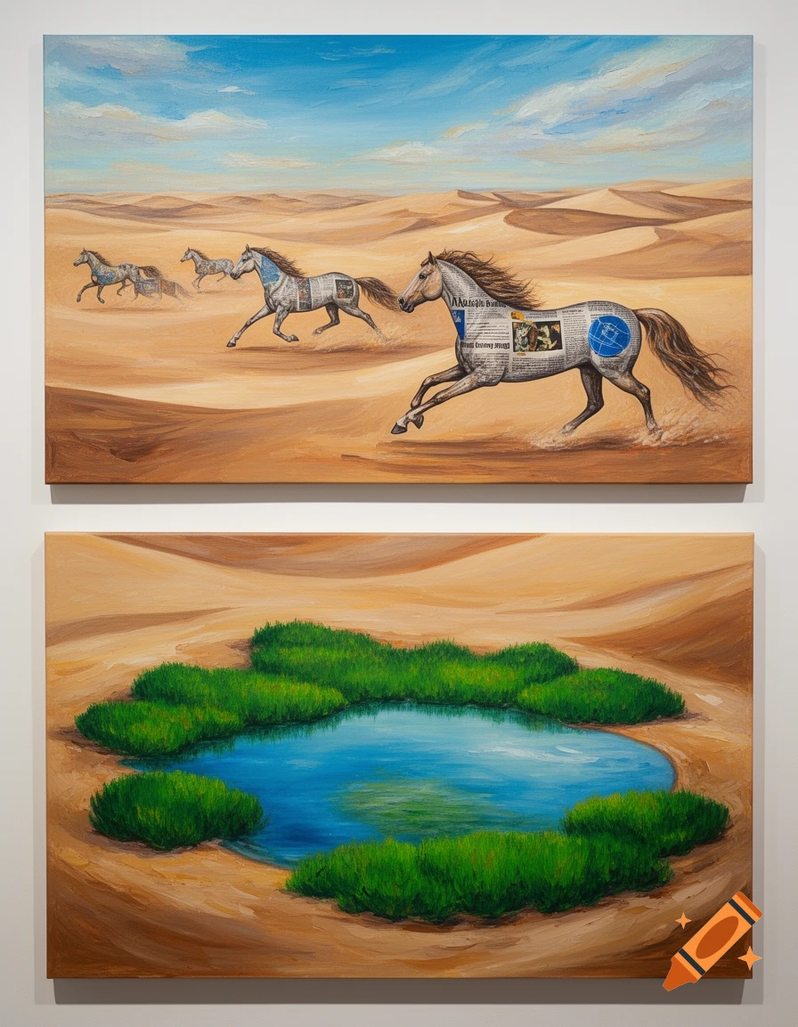 Two contemporary art paintings side by side. The top painting shows horses made of newspaper running in a desert. The bottom painting shows a blue oasis with green shrubs in a desert.