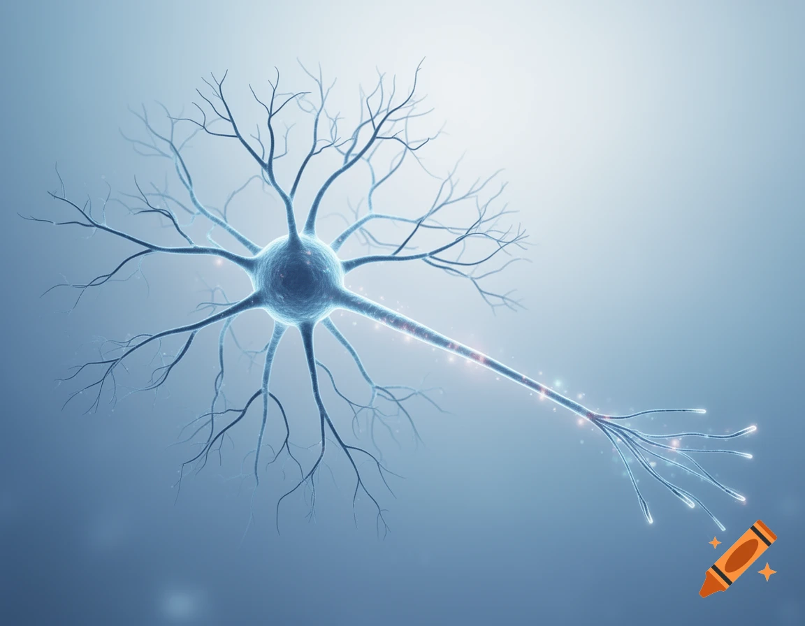 A glowing blue neuron with branching dendrites and a long axon on a light blue background.