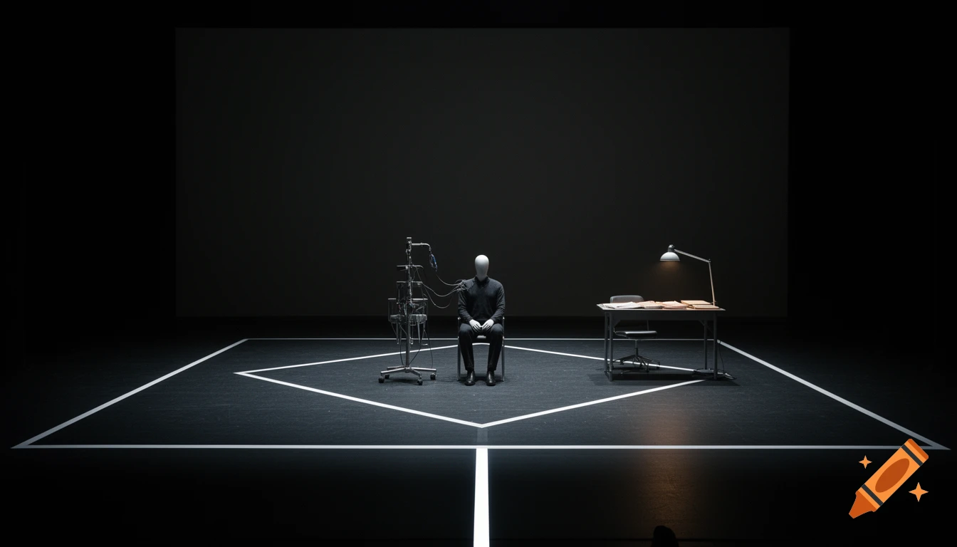 A minimalist stage design with a white mannequin strapped to medical equipment and a desk with a lamp, all within white lines on a dark floor.