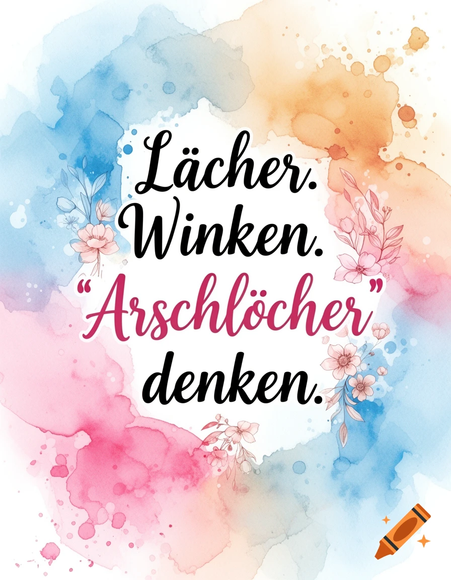 Watercolor background with blue, pink, and orange splashes, adorned with delicate floral outlines. Black and pink German text reads 'L cher. Winken. "Arschl cher" denken.'