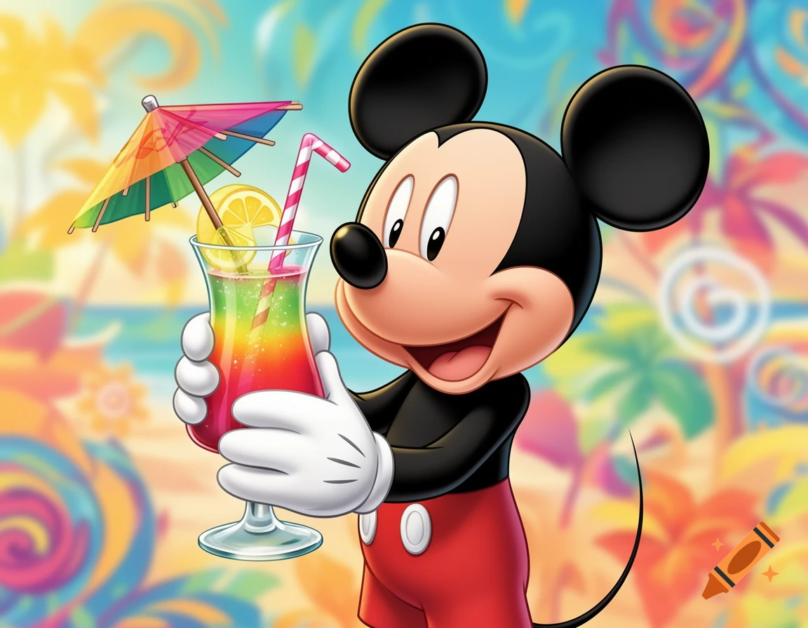 Mickey Mouse smiles while holding a colorful layered cocktail with a straw, lemon, and umbrella against a vibrant, abstract beach background.