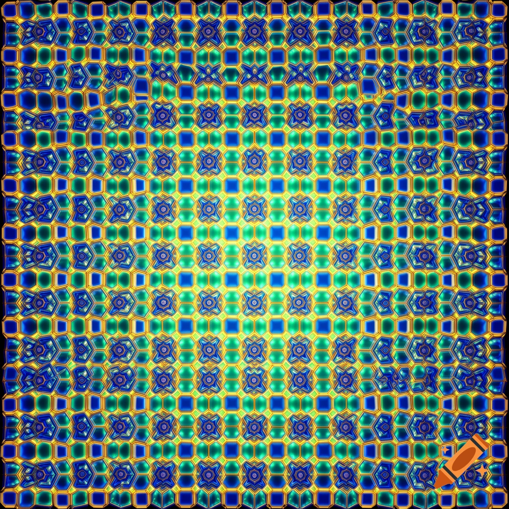 Vibrant, repeating abstract geometric pattern of blue and green shapes outlined in gold.