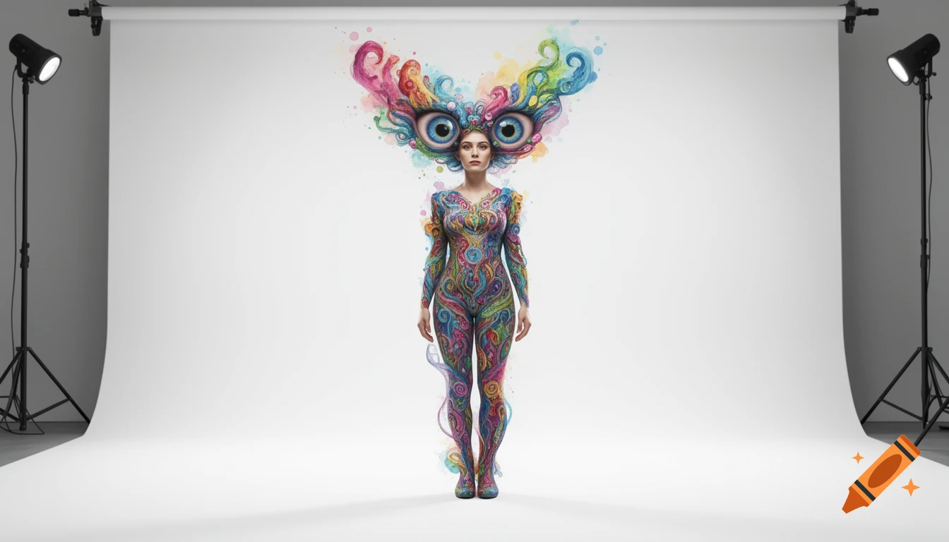 Full body portrait of a woman in a studio, covered in vibrant watercolor swirls and large surreal eyes on her head.
