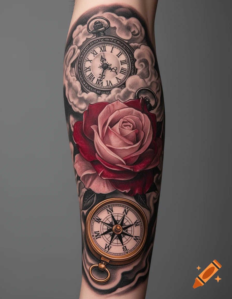 A detailed tattoo on an arm featuring a red rose, an antique pocket watch with Roman numerals, and a golden compass.