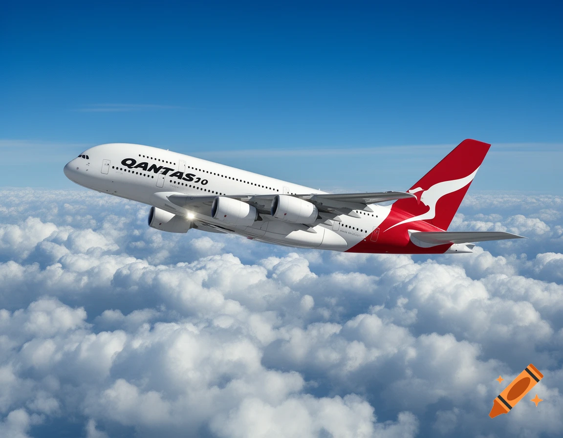 A white Qantas Airbus A380 airplane with a red tail flying above white clouds against a blue sky.
