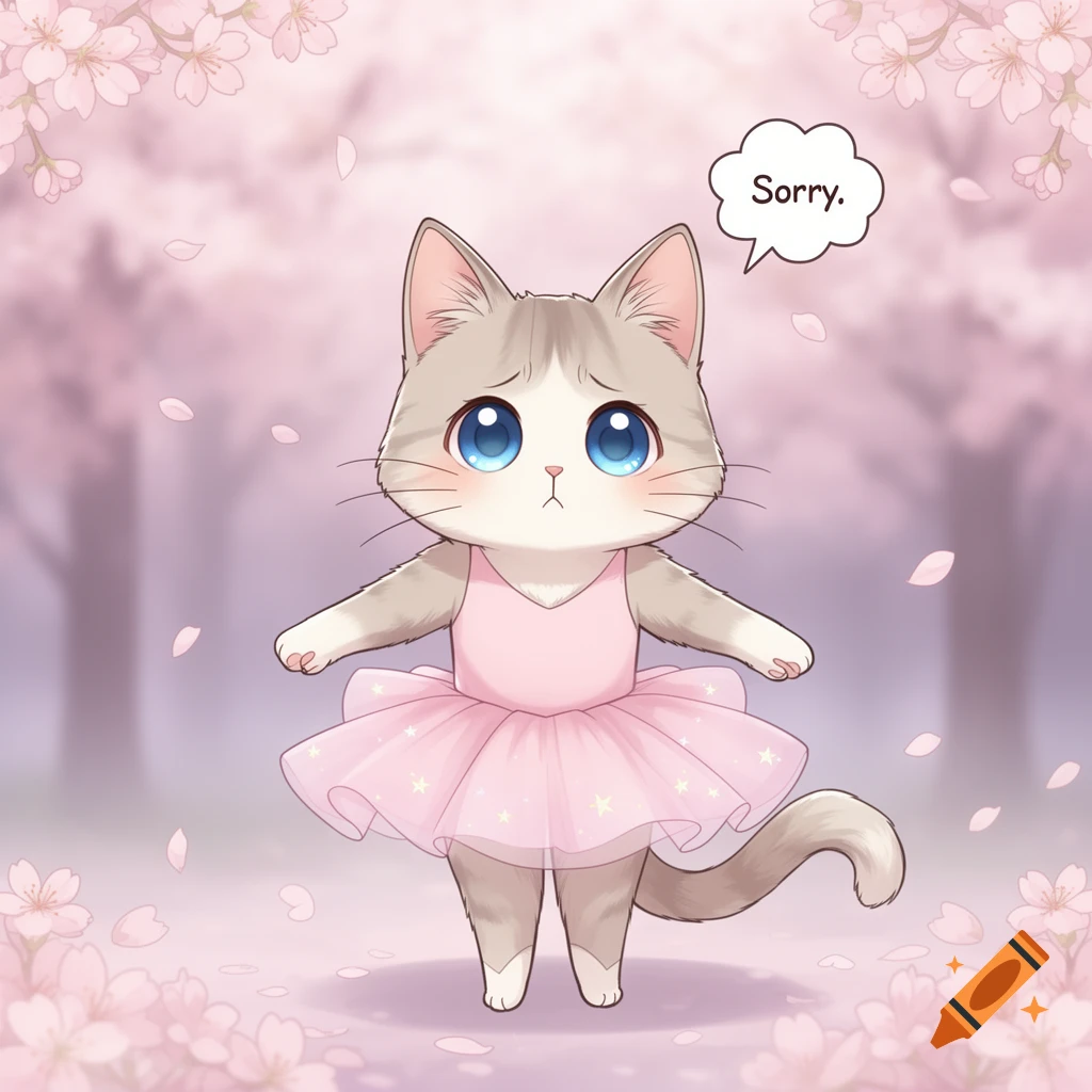 A cute kawaii cartoon cat in a pink ballerina tutu, looking sad with big blue eyes, saying "Sorry" in a speech bubble amidst cherry blossoms.