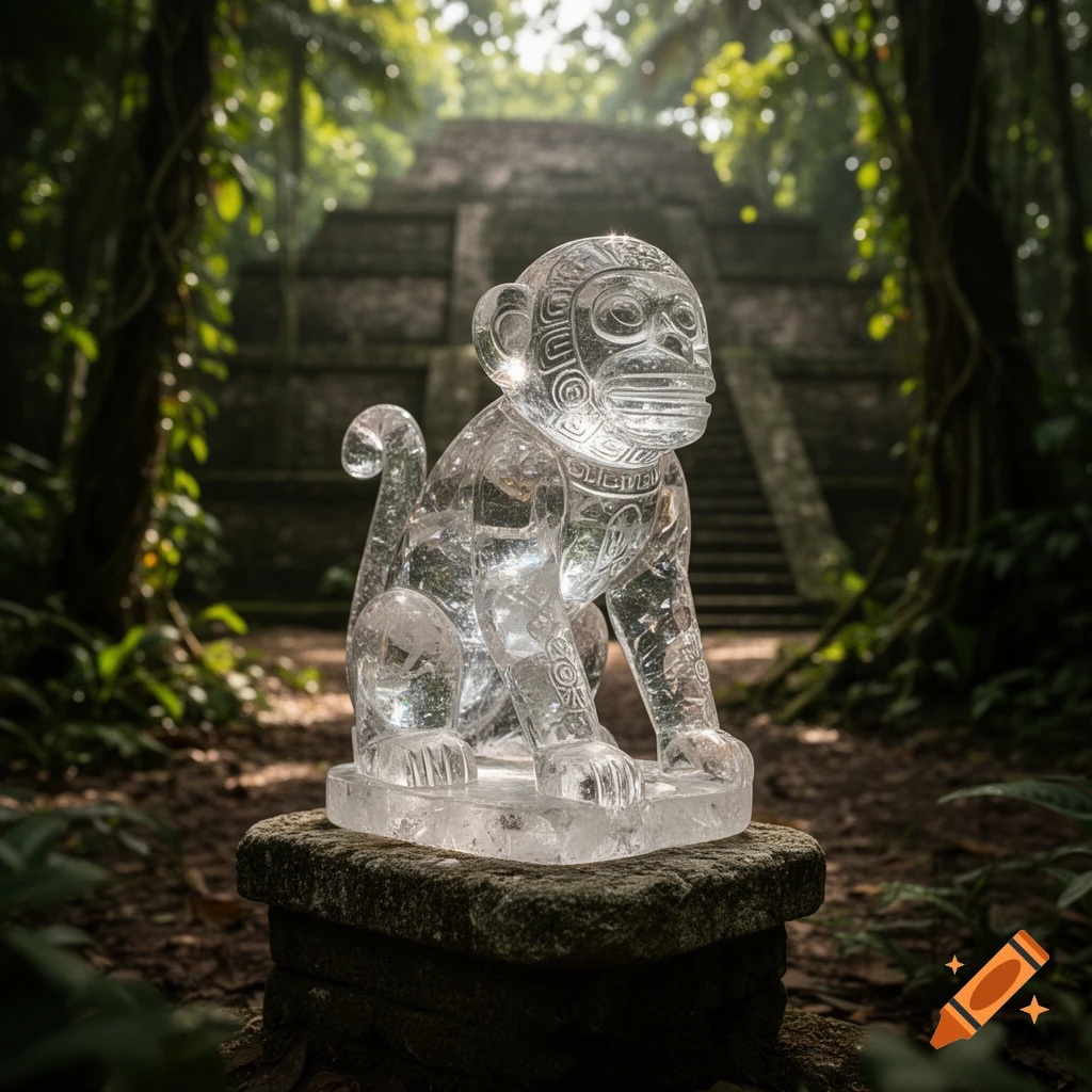 A clear crystal monkey statue with carved details sits on a stone pedestal in a lush jungle with an ancient stone pyramid in the background.