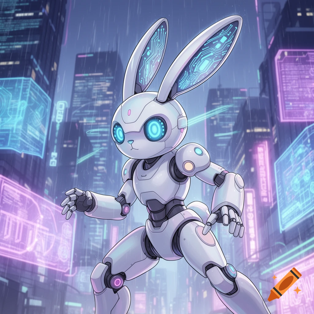 An anime-style white robot bunny with glowing blue eyes and circuit ears poses in a rainy cyberpunk city with neon signs.