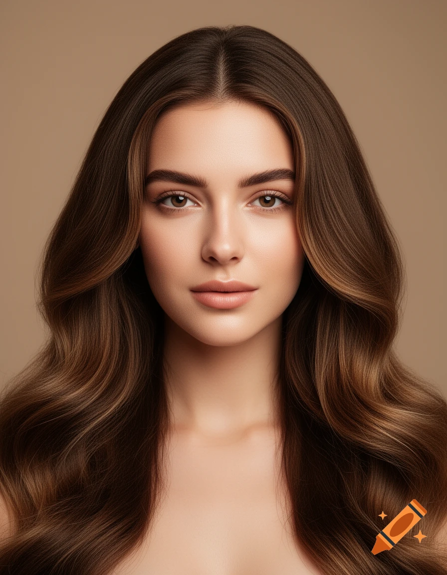 Photorealistic portrait of a young woman with long, wavy brown hair looking forward.