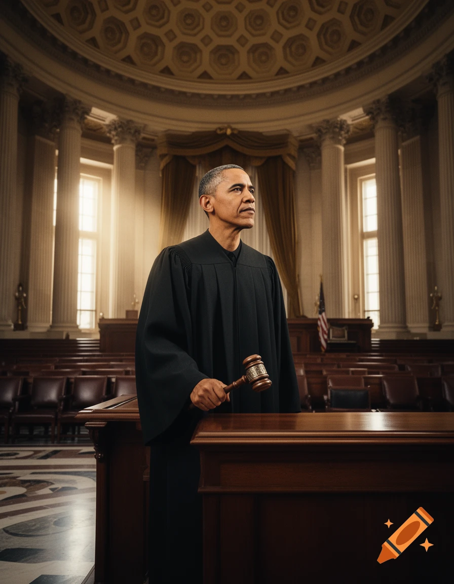 Photorealistic portrait of Barack Obama as a Chief Justice in a grand courtroom, holding a gavel.