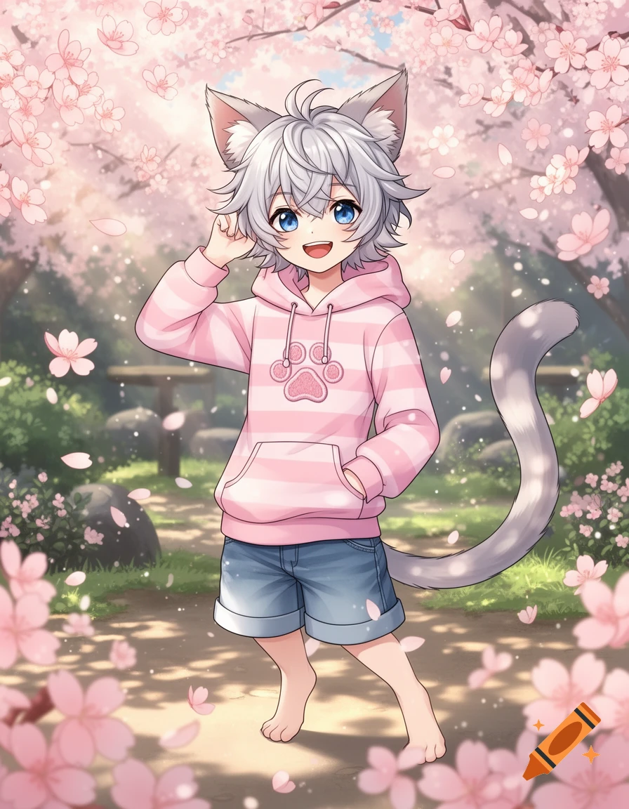 An anime catboy with white hair, blue eyes, cat ears, and a tail, wearing a pink striped hoodie and denim shorts, stands among falling cherry blossoms.