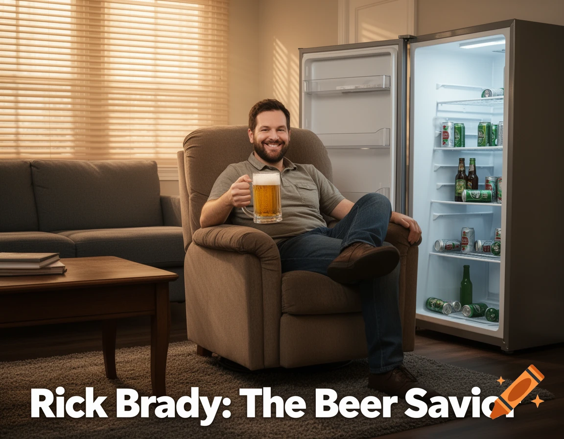 A man smiles in a recliner, holding a beer mug next to an open refrigerator filled with beer. Text: "Rick Brady: The Beer Savior".