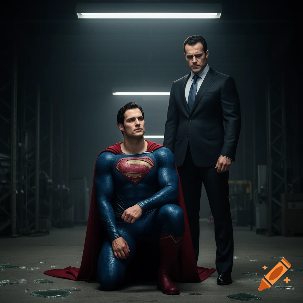 Henry Cavill as Superman kneels on shattered glass in a dim, industrial room, while a man in a dark suit stands over him.